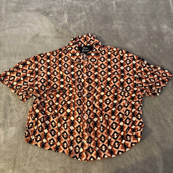 nina parker plus short blouse rayon button front crop top M205 orange red black - Picture 3 of 9